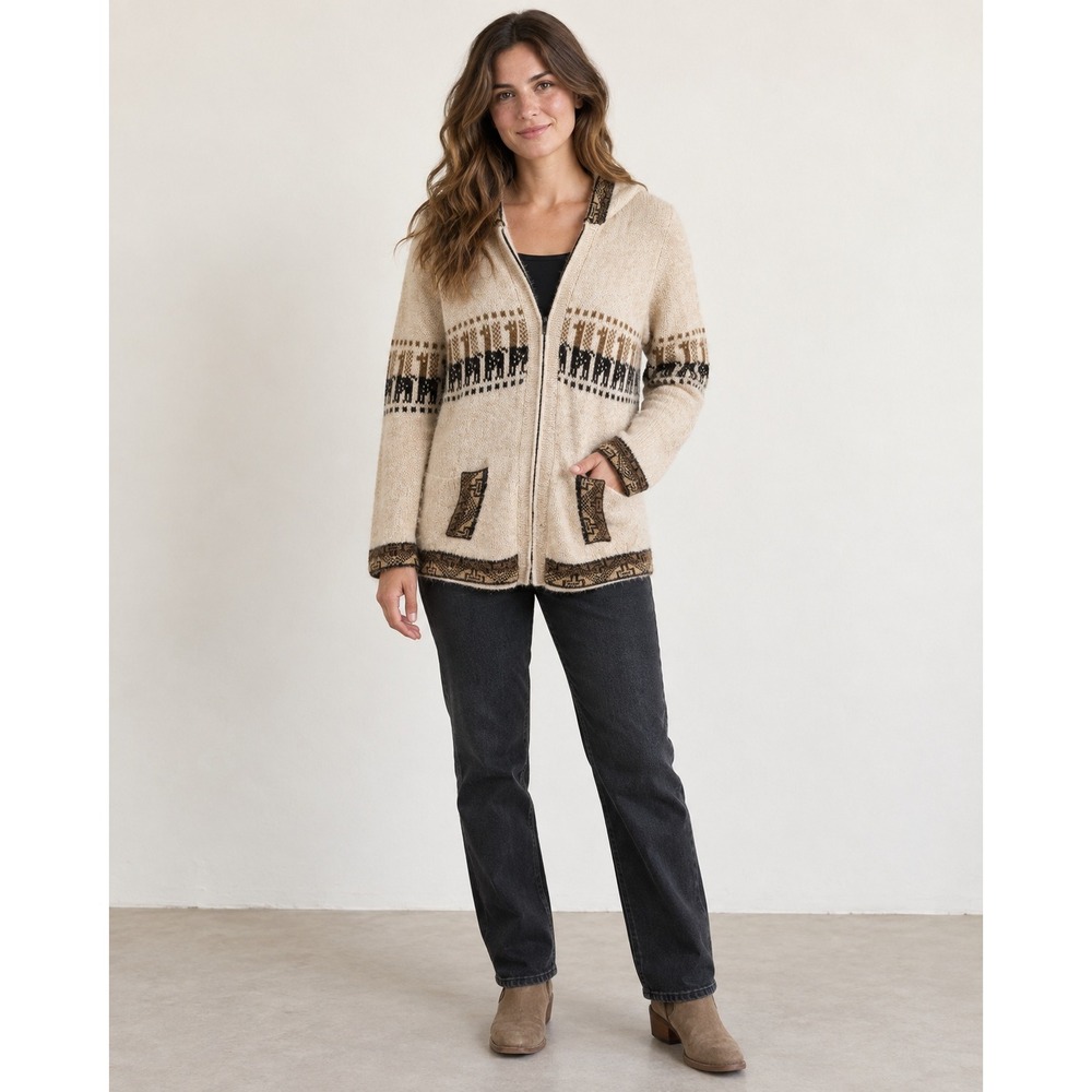 Unbranded Llama Knit Zip Up Hoodie Sweater Cream Brown Boho Southwestern L